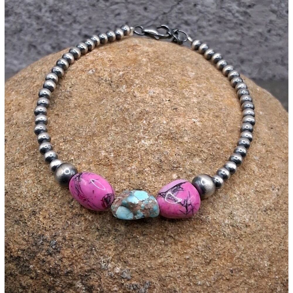 Sterling Silver Navajo Pearl Turquoise Bracelet Golden Hills Pink Southwestern